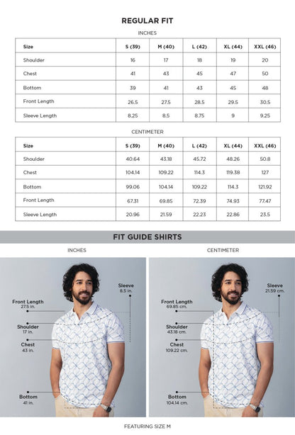 Interlace White Printed Polo T-Shirt size chart
