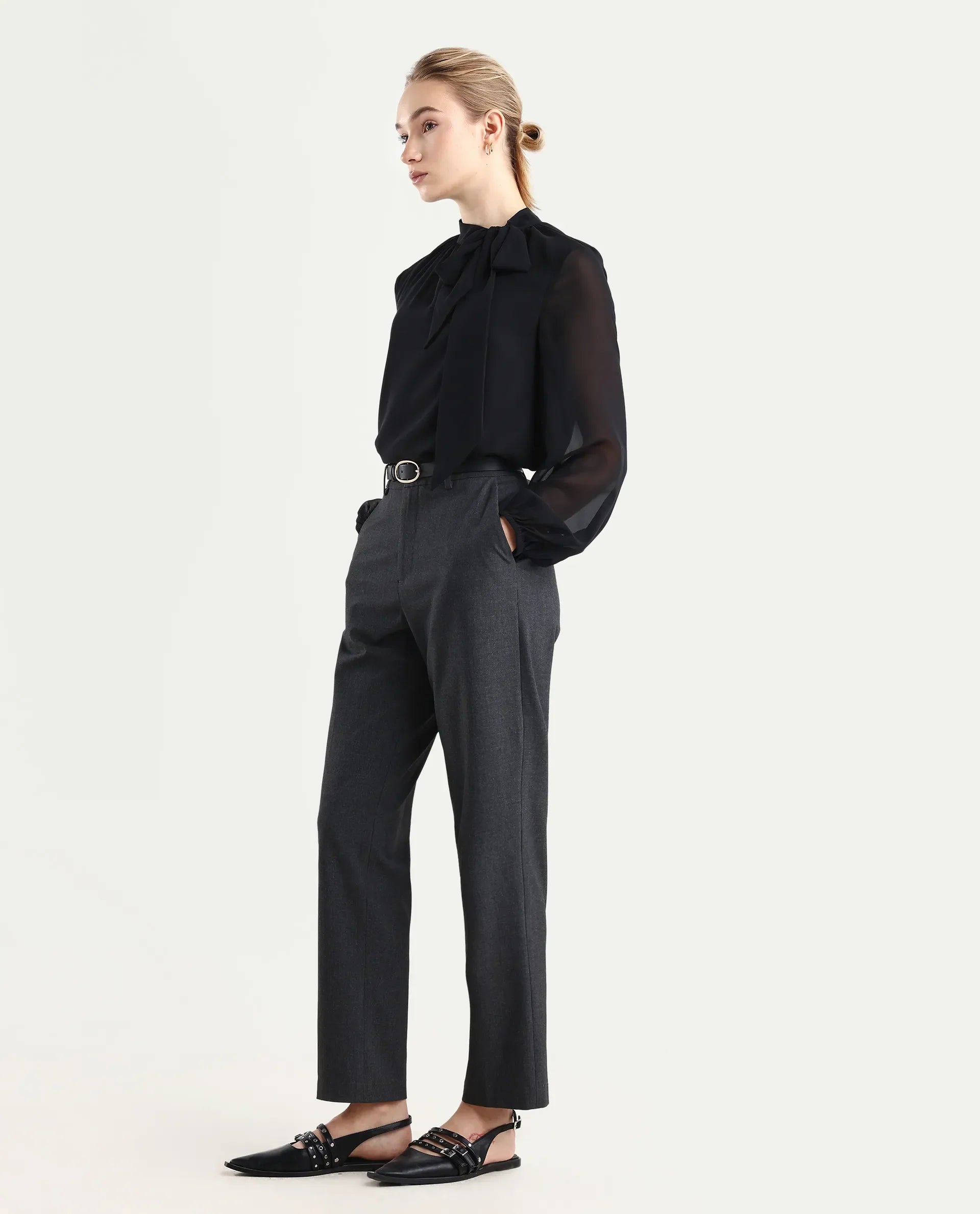 Rareism Women's Taper Grey Polyester Blend Tapered Plain Travel Trouser | RAREISM at Broadway