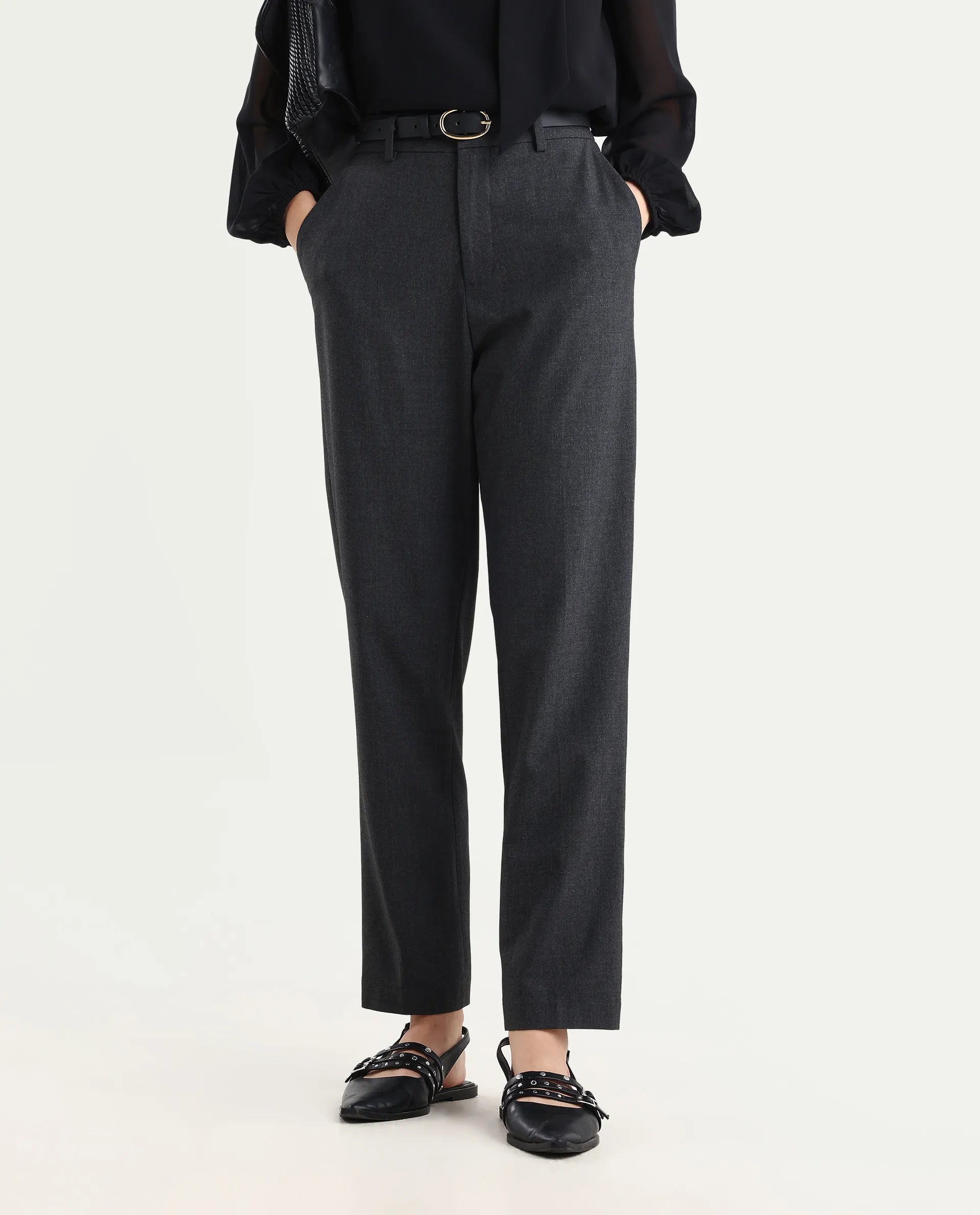 Rareism Women's Taper Grey Polyester Blend Tapered Plain Travel Trouser | RAREISM at Broadway