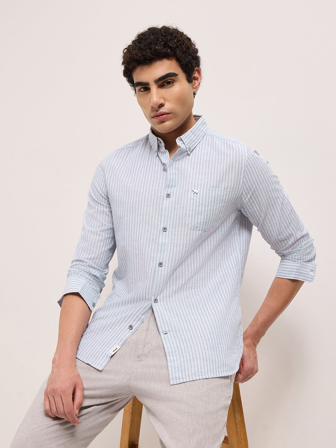 Men Cotton Linen Striped Slim Fit Casual Shirt TBH-ABAN-BL