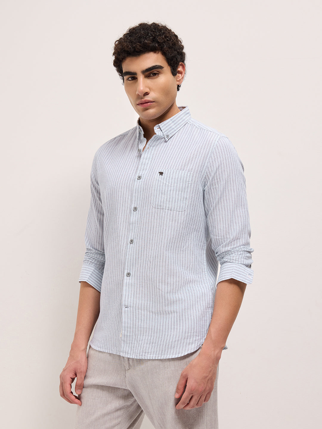Men Cotton Linen Striped Slim Fit Casual Shirt TBH-ABAN-BL