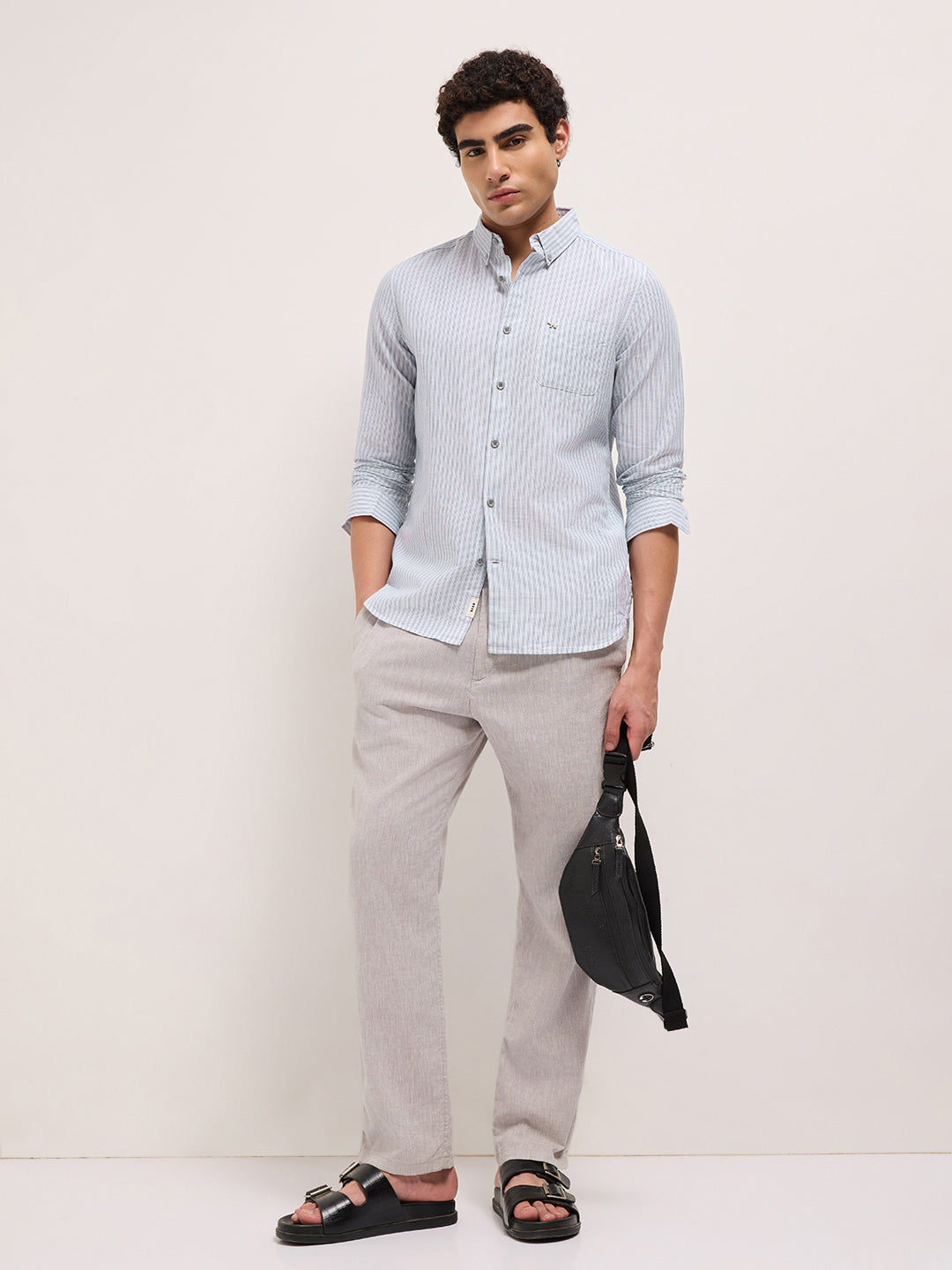 Men Cotton Linen Striped Slim Fit Casual Shirt TBH-ABAN-BL