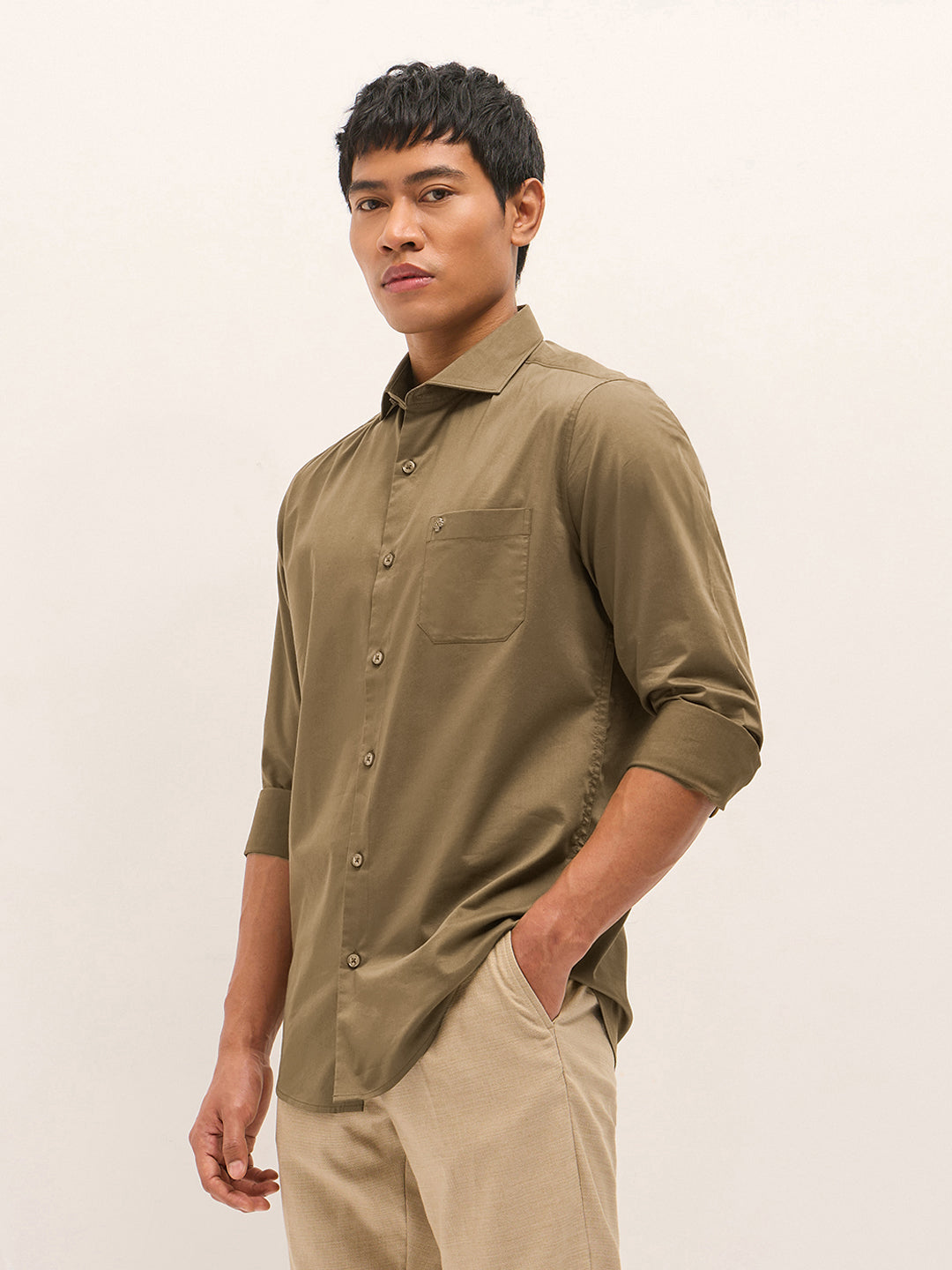 Men's Tailored Fit Solid Polyester Blend Formal Shirt TBH-BETUS-BR