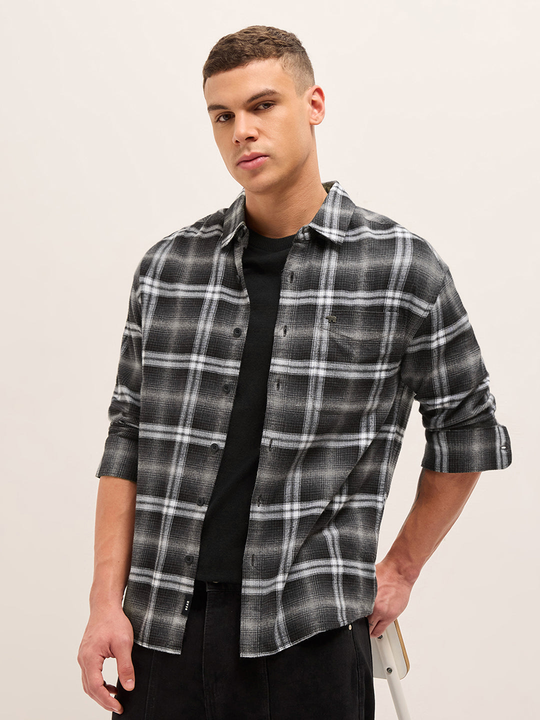 Men Cotton Checked Flannel Relax Fit Casual Shirt TBH-JINKO-BK