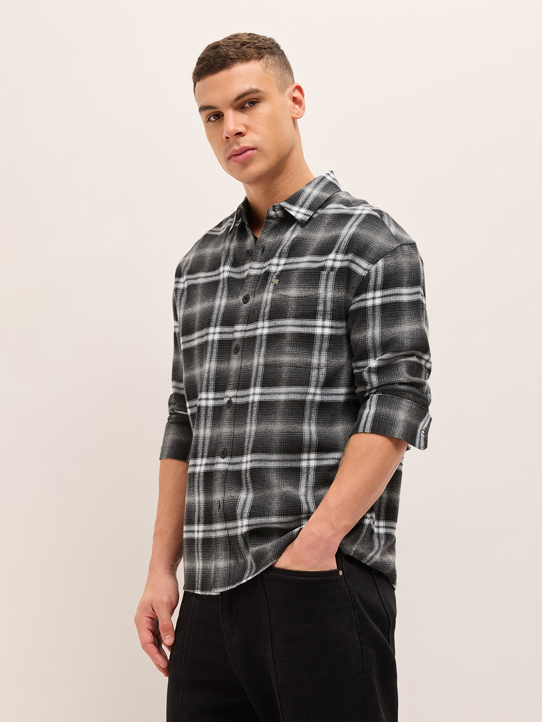 Men Cotton Checked Flannel Relax Fit Casual Shirt TBH-JINKO-BK