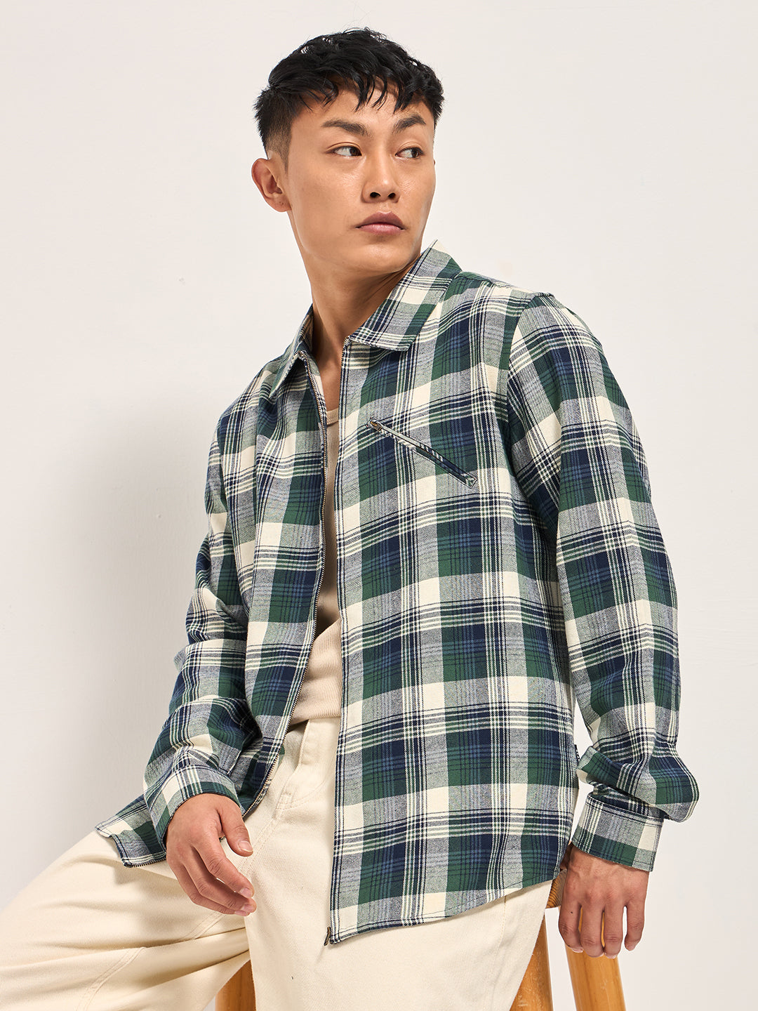 Men's Pure Cotton Checked Regular Fit Shacket TBH-NIDAO-GR