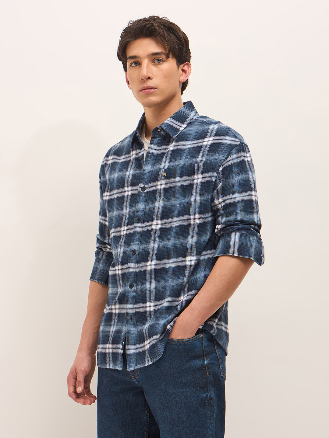 Men Cotton Checked Relaxed Fit Flannel Shirt TBH-PLIKOL-BL