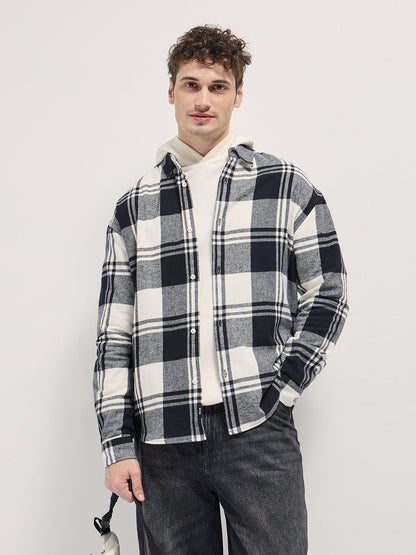 Men's Cotton Checked Relaxed Fit Flannel Overshirt TBH-RALIN-BK