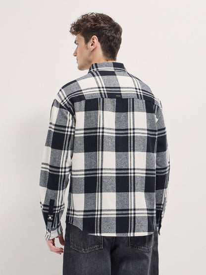 Men's Cotton Checked Relaxed Fit Flannel Overshirt TBH-RALIN-BK