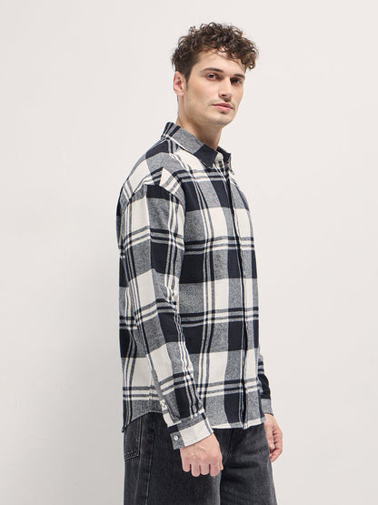 Men's Cotton Checked Relaxed Fit Flannel Overshirt TBH-RALIN-BK