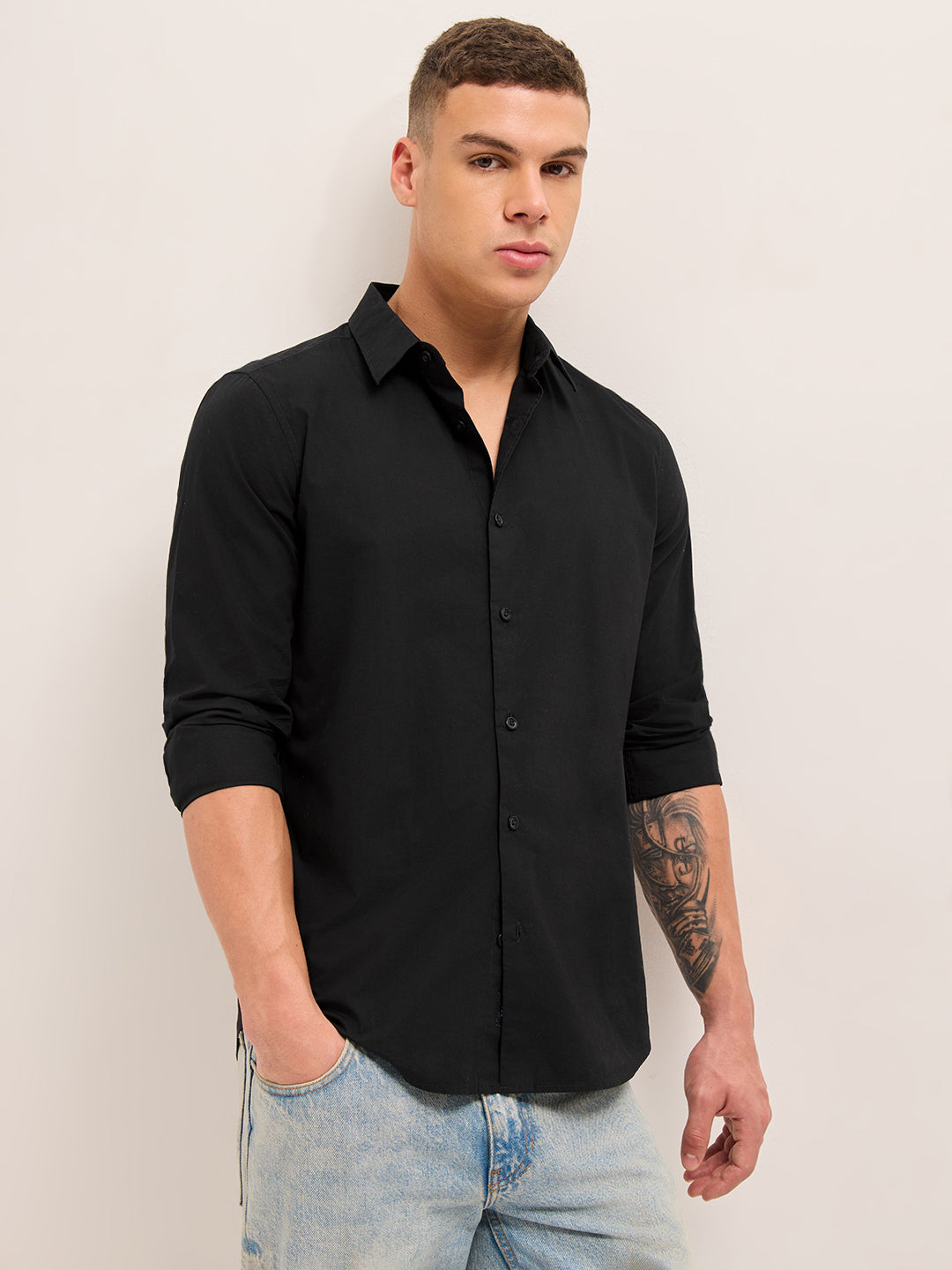 Men Cotton Solid Slim Fit Casual Shirt TBH-SOMALO-BK