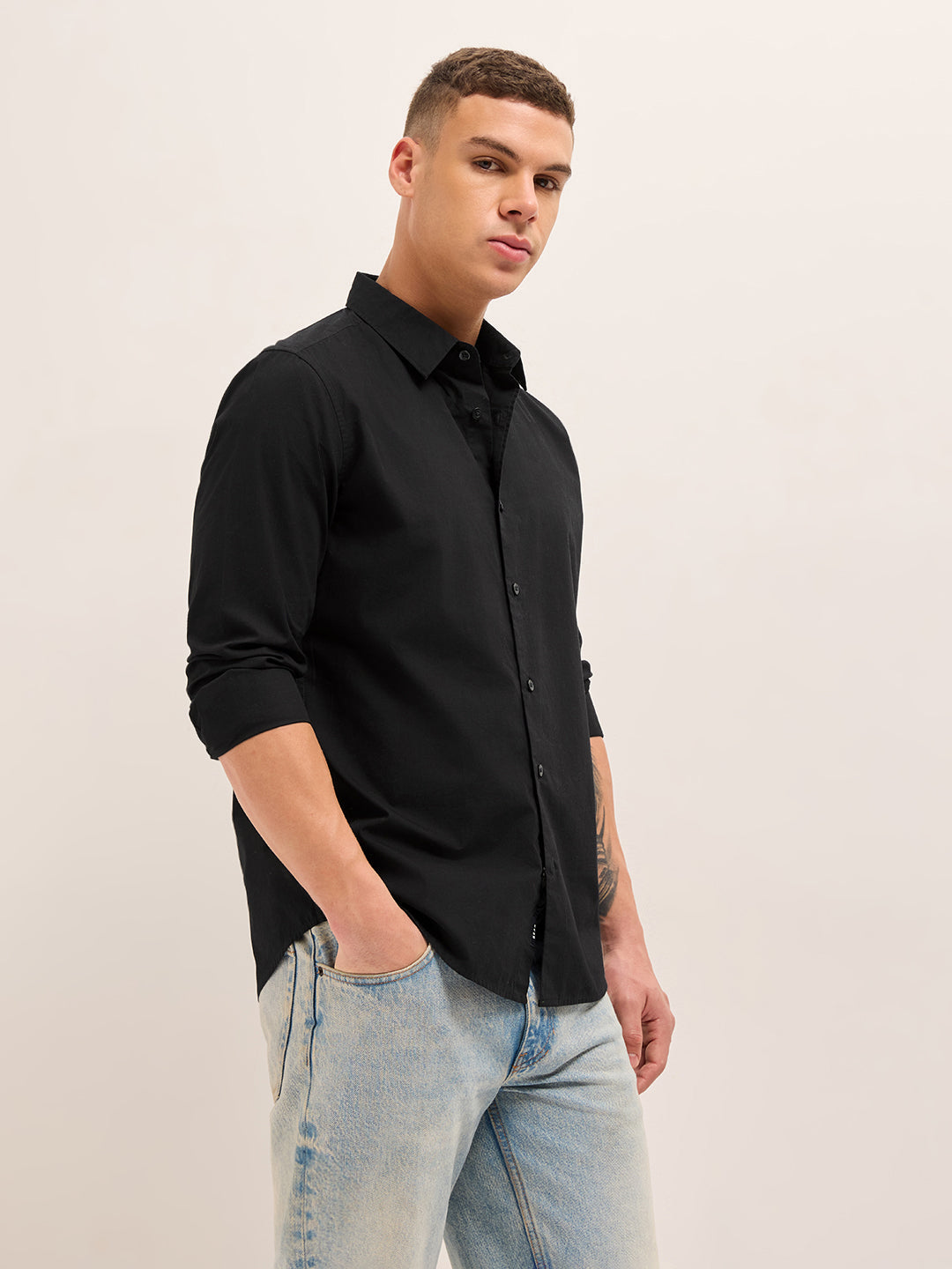 Men Cotton Solid Slim Fit Casual Shirt TBH-SOMALO-BK