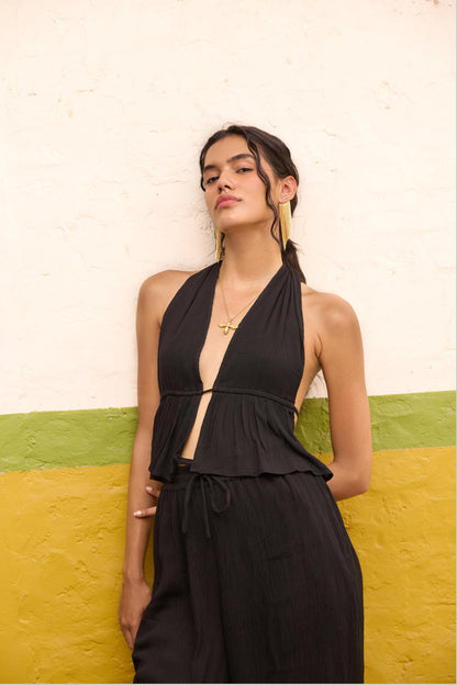 Black Halter Tie-up Neck Top