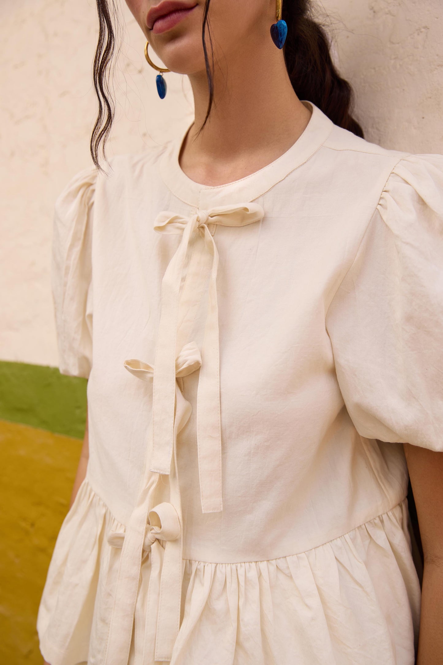 Off White Front Tie-Up Peplum Top