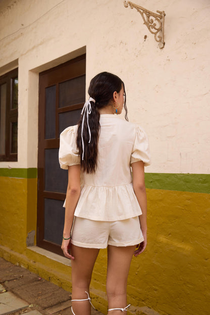 Off White Front Tie-Up Peplum Top