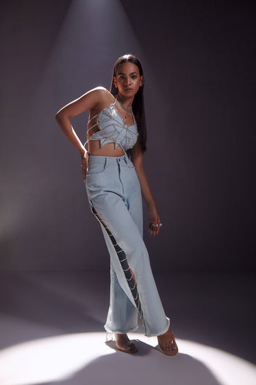 Rhinestone Embellished Jeans with Side Slit