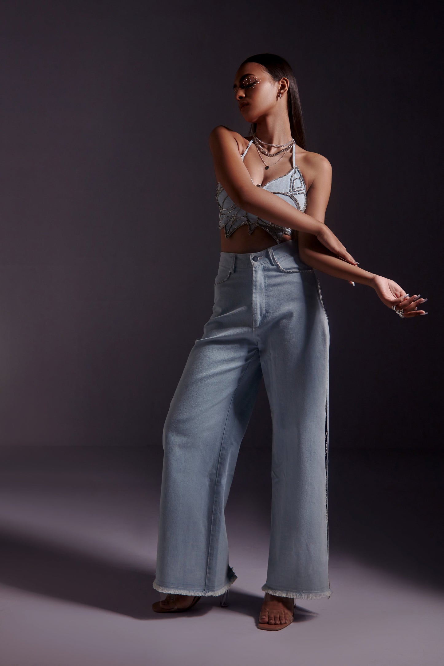 Rhinestone Embellished Jeans with Side Slit