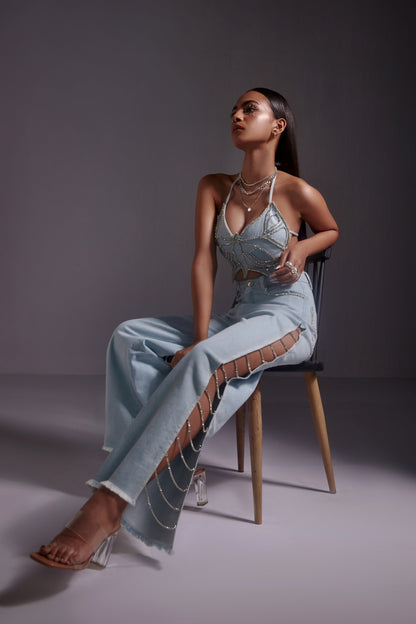 Rhinestone Embellished Jeans with Side Slit