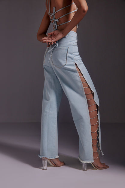 Rhinestone Embellished Jeans with Side Slit