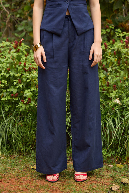 Navy Blue Pleated Wide-Leg Pants