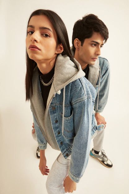 Denim Jacket with Grey Hoodie