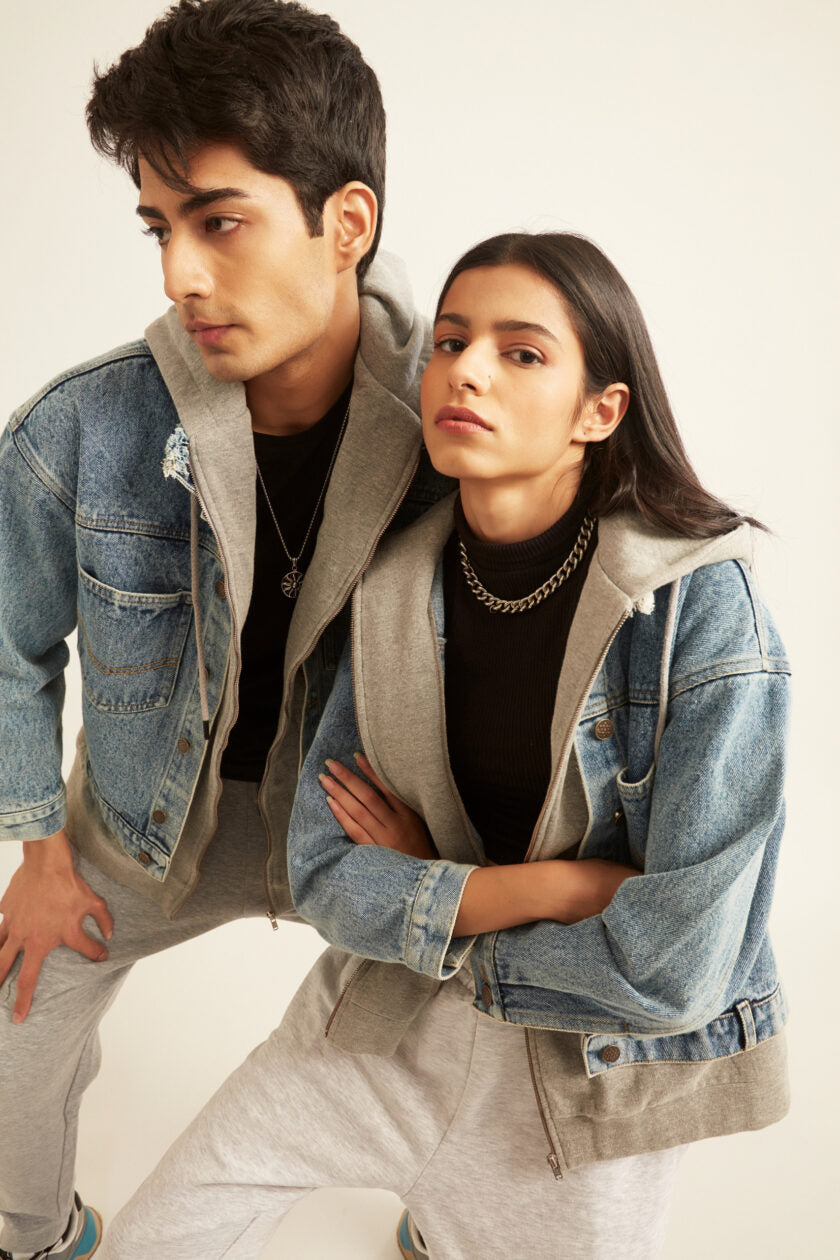 Denim Jacket with Grey Hoodie