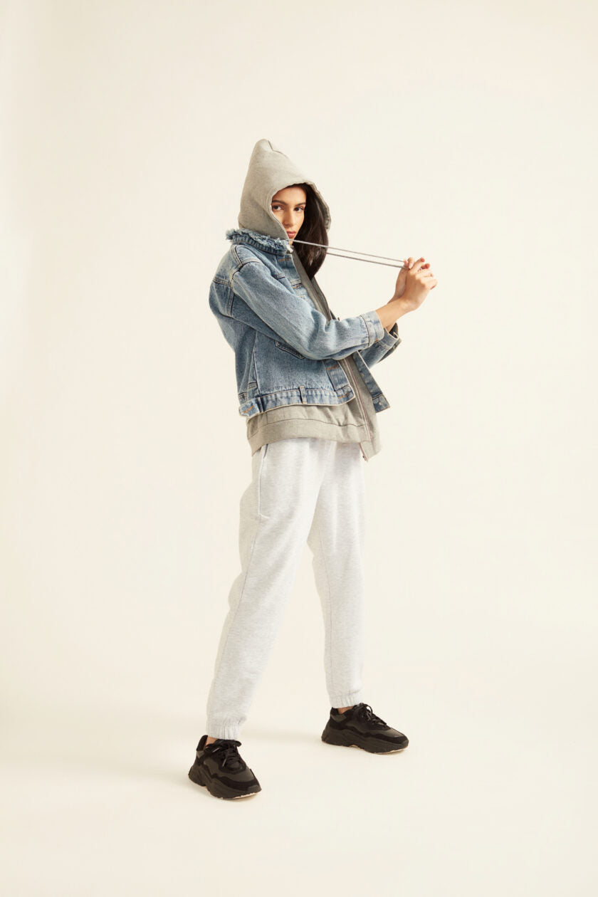 Denim Jacket with Grey Hoodie