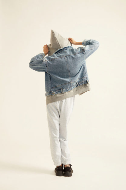 Denim Jacket with Grey Hoodie