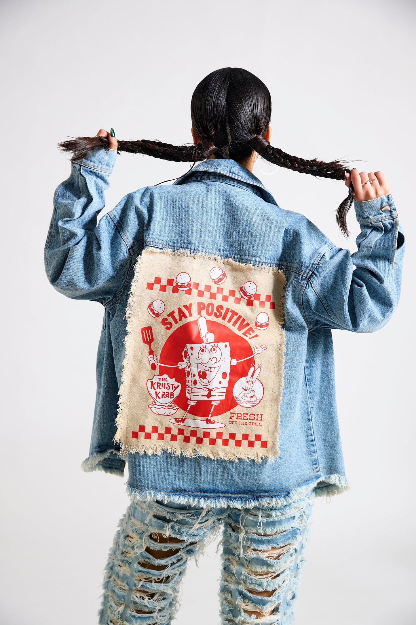 Spongebob:Stay Positive Canvas Oversized Denim Jacket