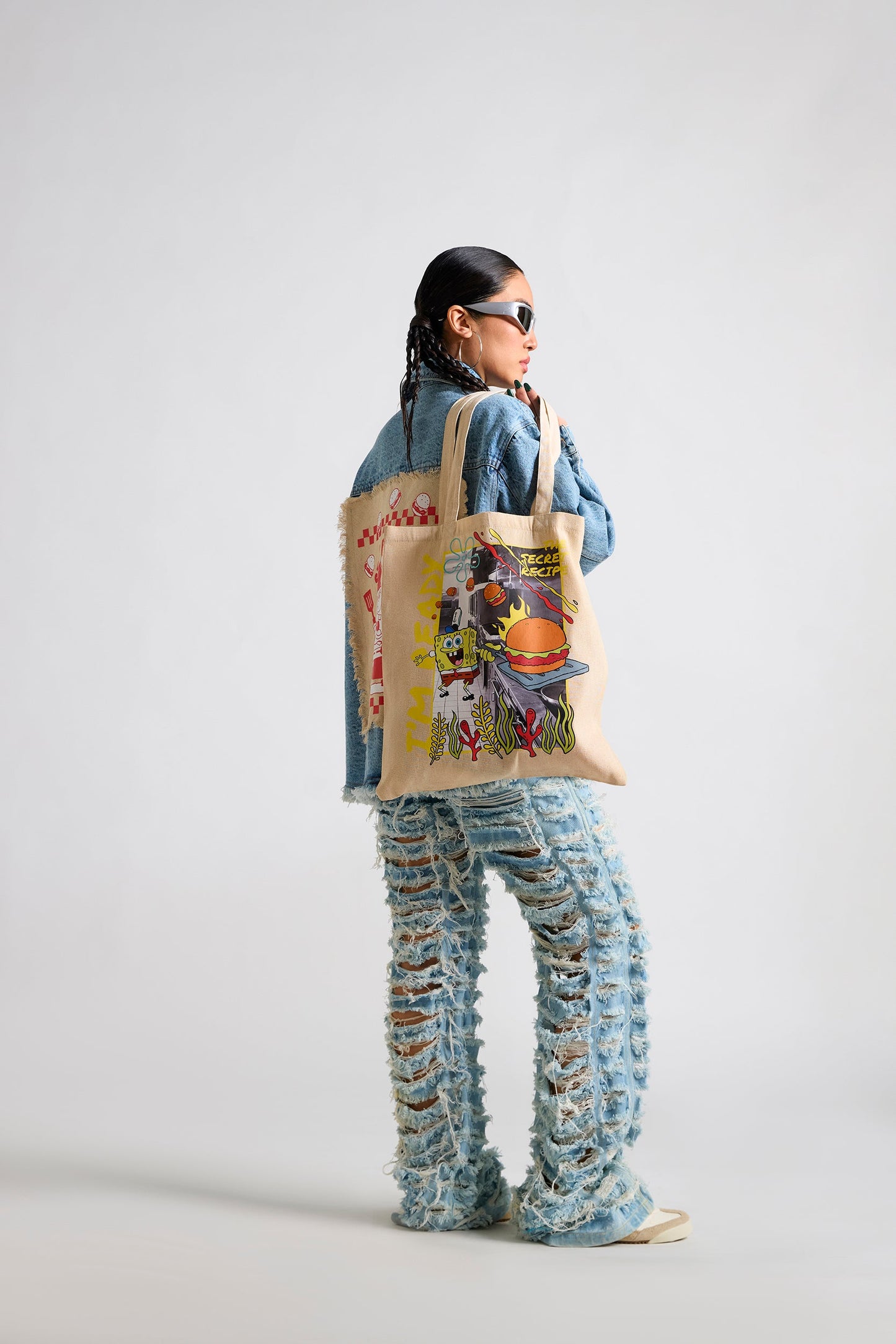 Spongebob:Stay Positive Canvas Oversized Denim Jacket