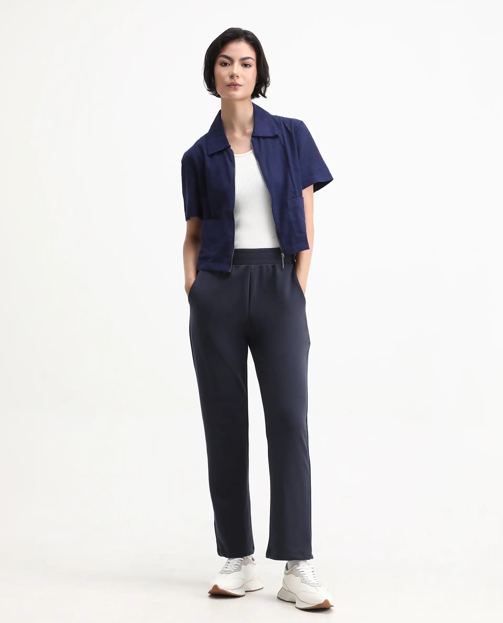 Rareism Women's Tribon Navy Cotton Blend Straight Fit Track Pant | RAREISM at Broadway