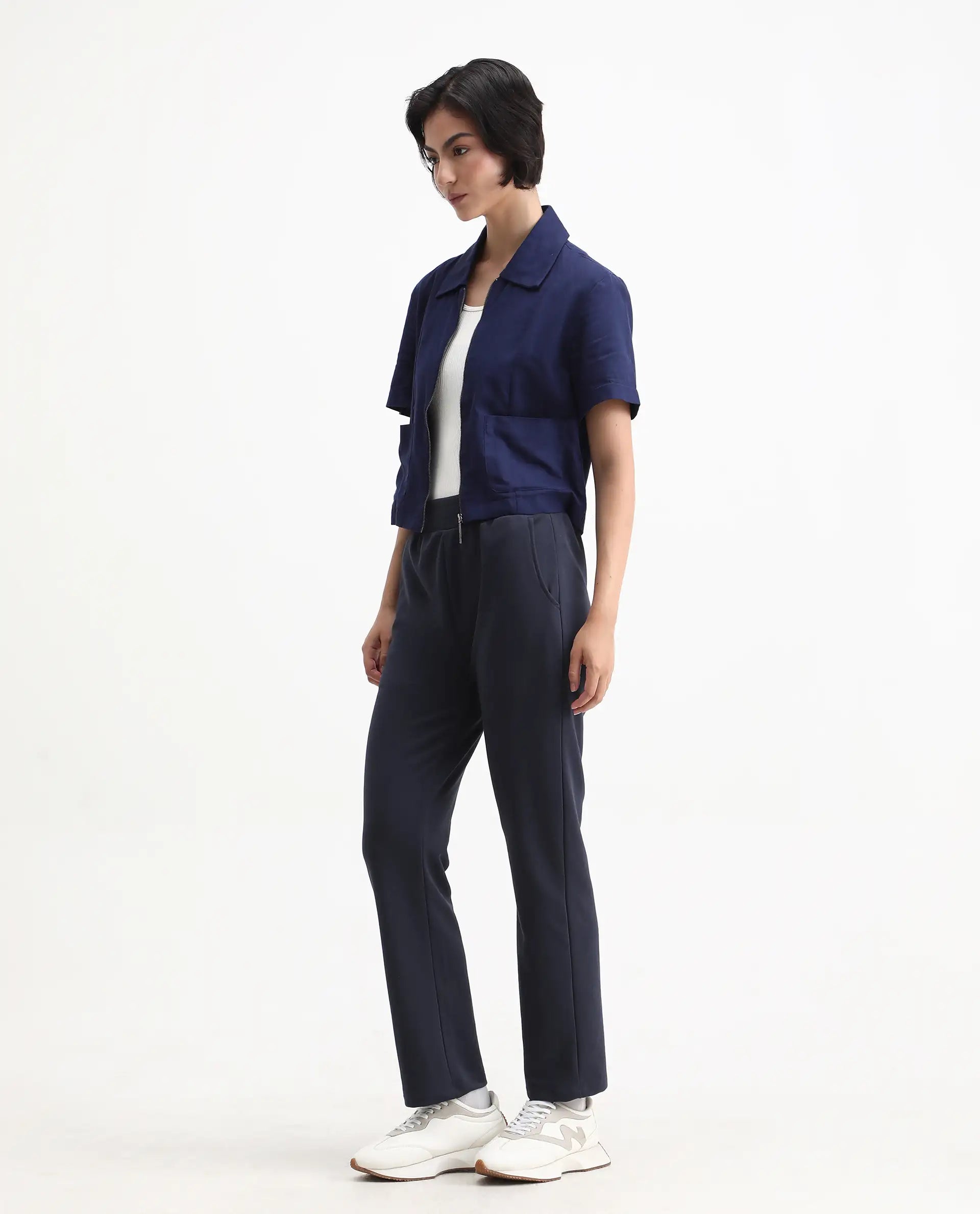 Rareism Women's Tribon Navy Cotton Blend Straight Fit Track Pant | RAREISM at Broadway