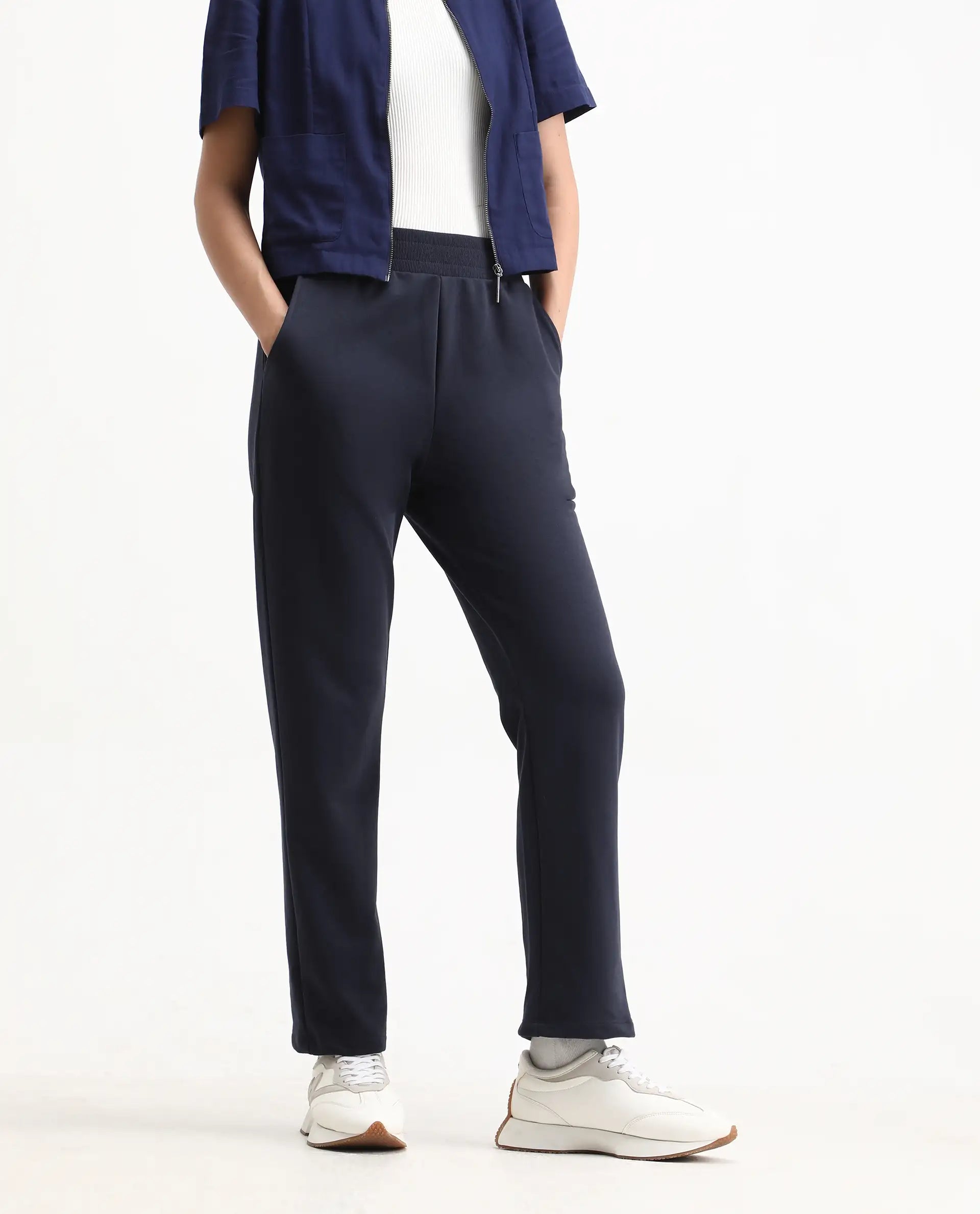 Rareism Women's Tribon Navy Cotton Blend Straight Fit Track Pant | RAREISM at Broadway