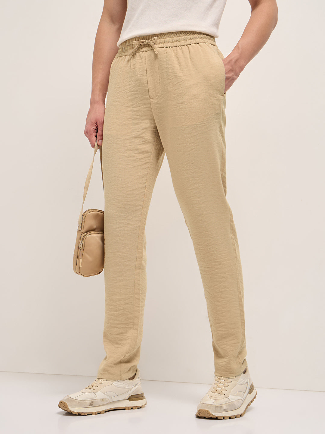 Men Solid Slim Fit Formal Trouser With Elastic Waistband TRO-EDSAL-CR