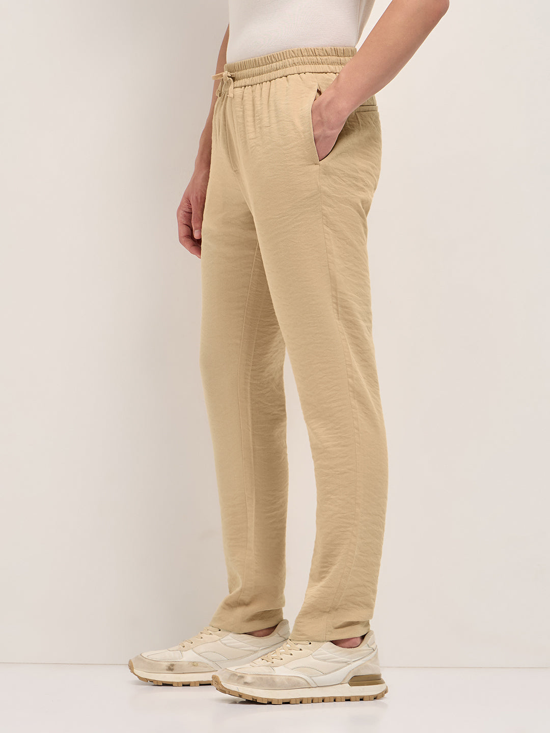 Men Solid Slim Fit Formal Trouser With Elastic Waistband TRO-EDSAL-CR