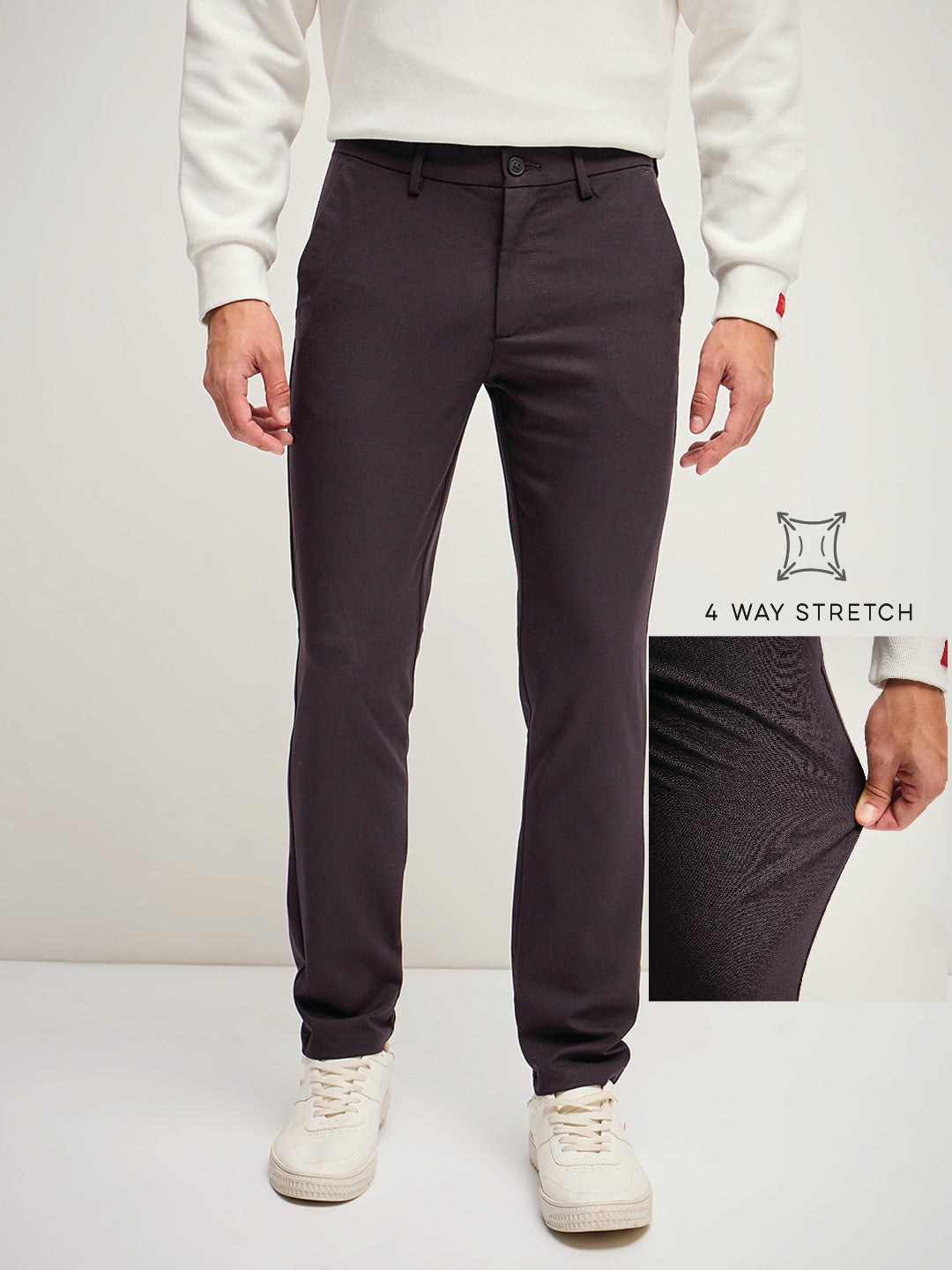 Men Solid 4 Way Stretch Slim Fit Formal Trousers TRO-ELBUR-BR