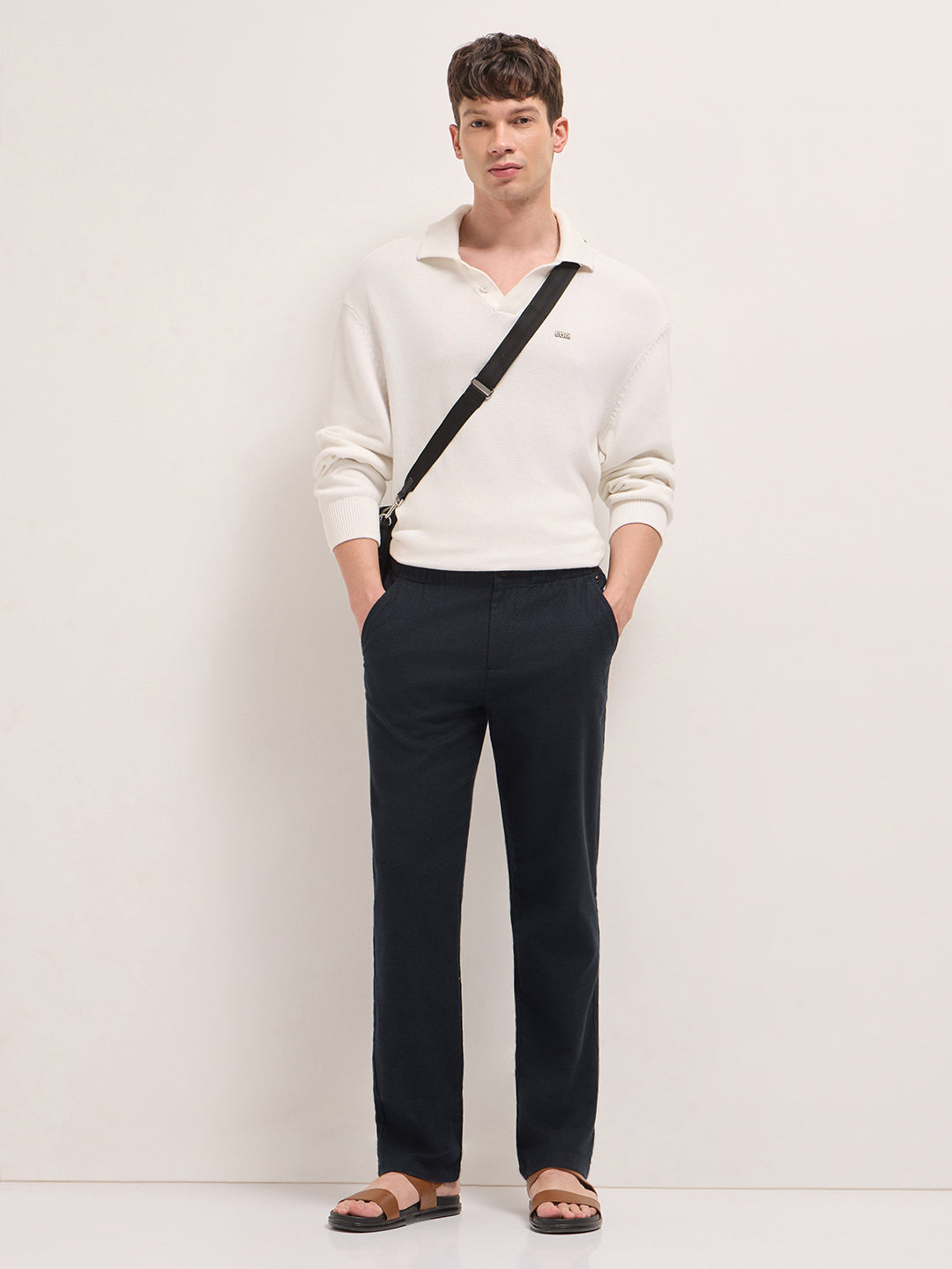 Men Mid Rise Textured Straight Fit Casual Trousers TRO-HIARA-BL