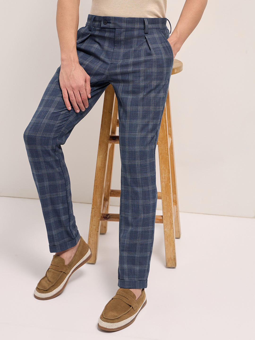 Men Checked Regular Fit Formal Trousers TRO-SEON-BL