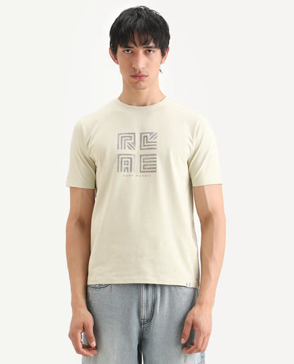 Rare Rabbit Men's Trov Pastel Green Cotton Blend Fabric Half Sleeve Crew Neck Regular Fit Graphic Print T-Shirt | Rare Rabbit at Broadway