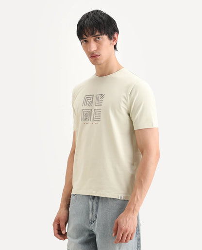 Rare Rabbit Men's Trov Pastel Green Cotton Blend Fabric Half Sleeve Crew Neck Regular Fit Graphic Print T-Shirt | Rare Rabbit at Broadway