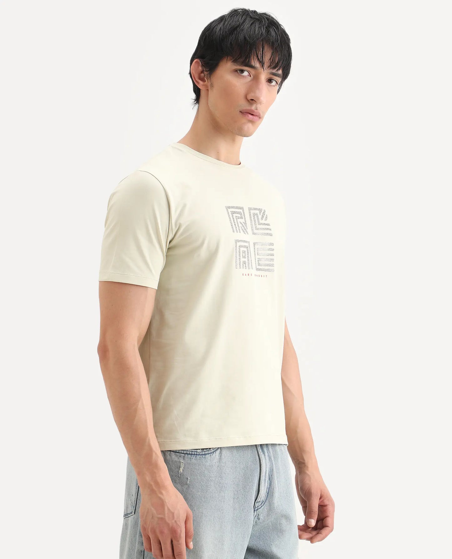 Rare Rabbit Men's Trov Pastel Green Cotton Blend Fabric Half Sleeve Crew Neck Regular Fit Graphic Print T-Shirt | Rare Rabbit at Broadway