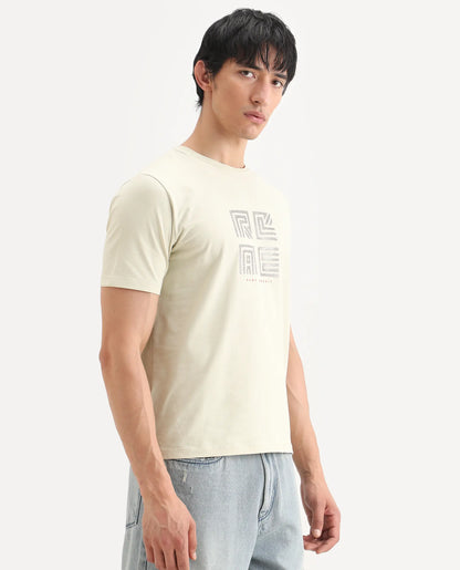Rare Rabbit Men's Trov Pastel Green Cotton Blend Fabric Half Sleeve Crew Neck Regular Fit Graphic Print T-Shirt | Rare Rabbit at Broadway
