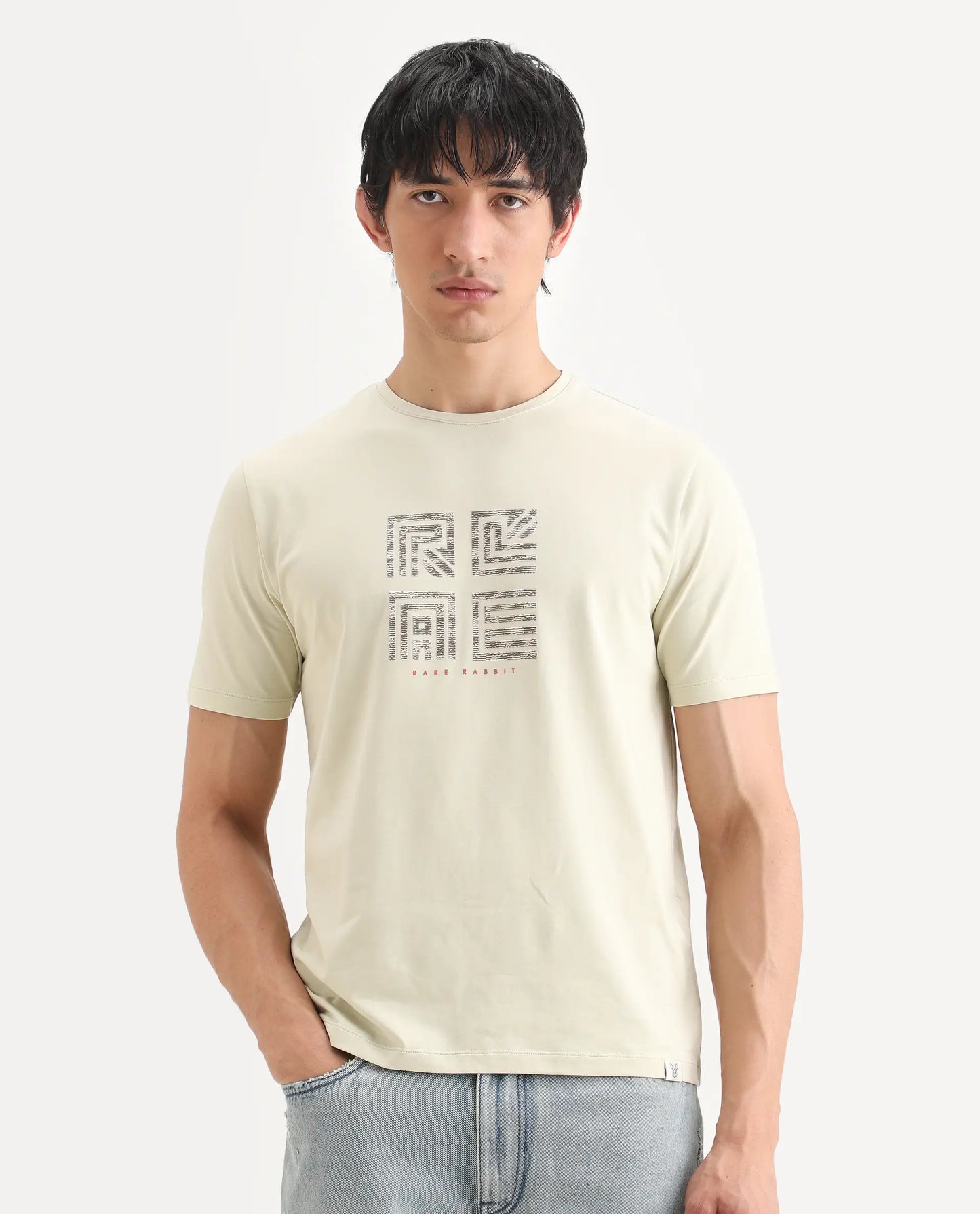 Rare Rabbit Men's Trov Pastel Green Cotton Blend Fabric Half Sleeve Crew Neck Regular Fit Graphic Print T-Shirt | Rare Rabbit at Broadway