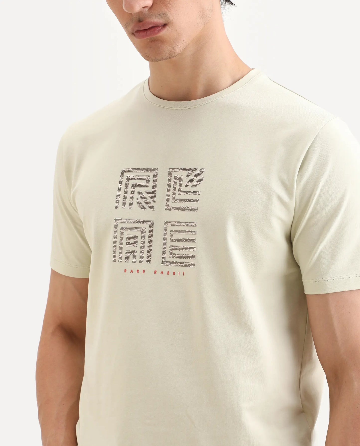Rare Rabbit Men's Trov Pastel Green Cotton Blend Fabric Half Sleeve Crew Neck Regular Fit Graphic Print T-Shirt | Rare Rabbit at Broadway