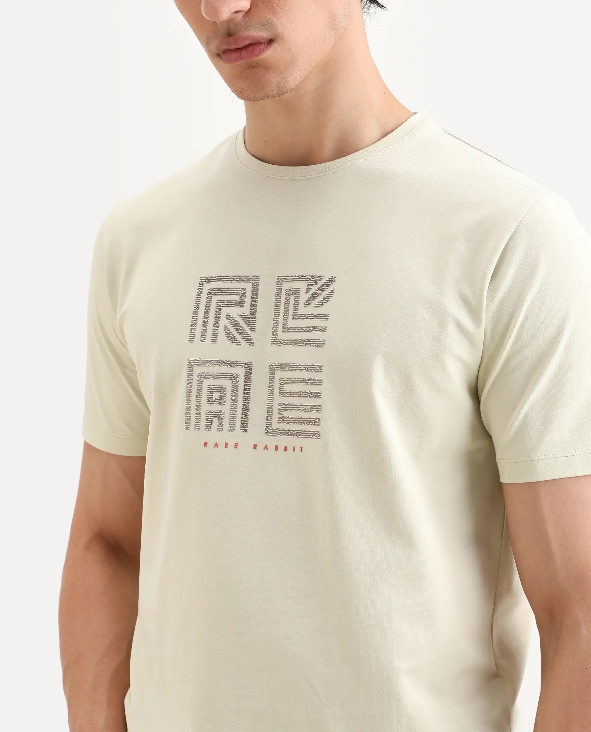Rare Rabbit Men's Trov Pastel Green Cotton Blend Fabric Half Sleeve Crew Neck Regular Fit Graphic Print T-Shirt | Rare Rabbit at Broadway