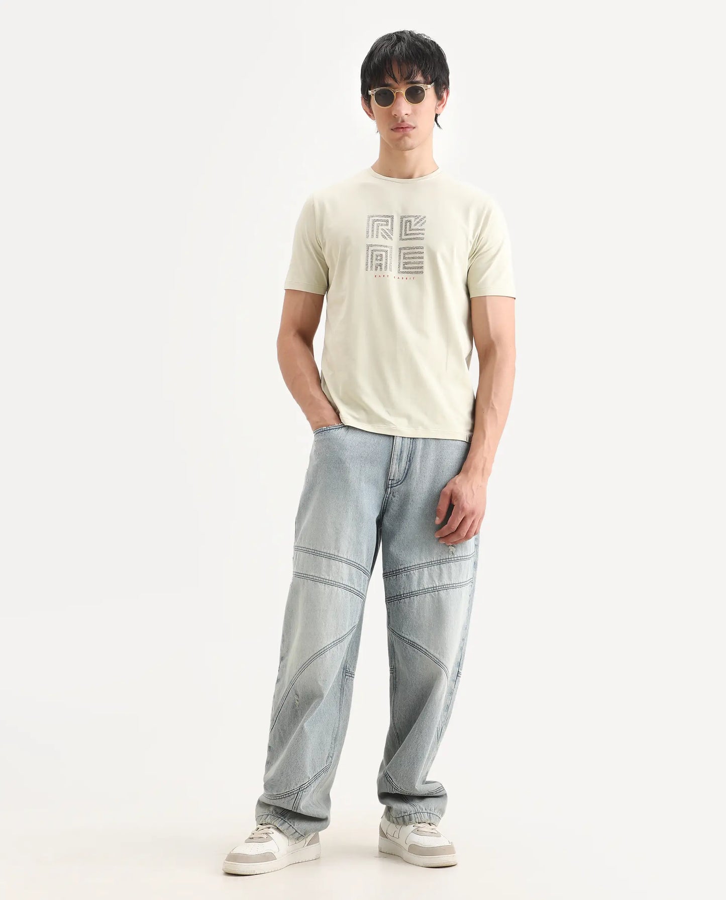 Rare Rabbit Men's Trov Pastel Green Cotton Blend Fabric Half Sleeve Crew Neck Regular Fit Graphic Print T-Shirt | Rare Rabbit at Broadway