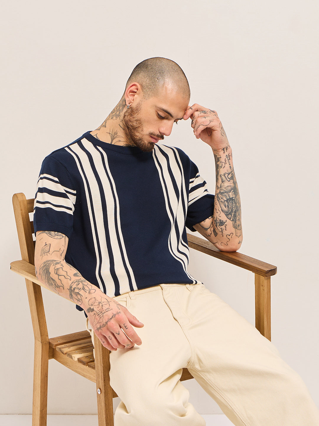 Men's Pure Cotton Striped Crew Neck Tshirt TSH-CELOR-BL