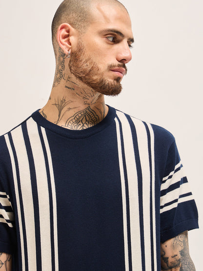 Men's Pure Cotton Striped Crew Neck Tshirt TSH-CELOR-BL