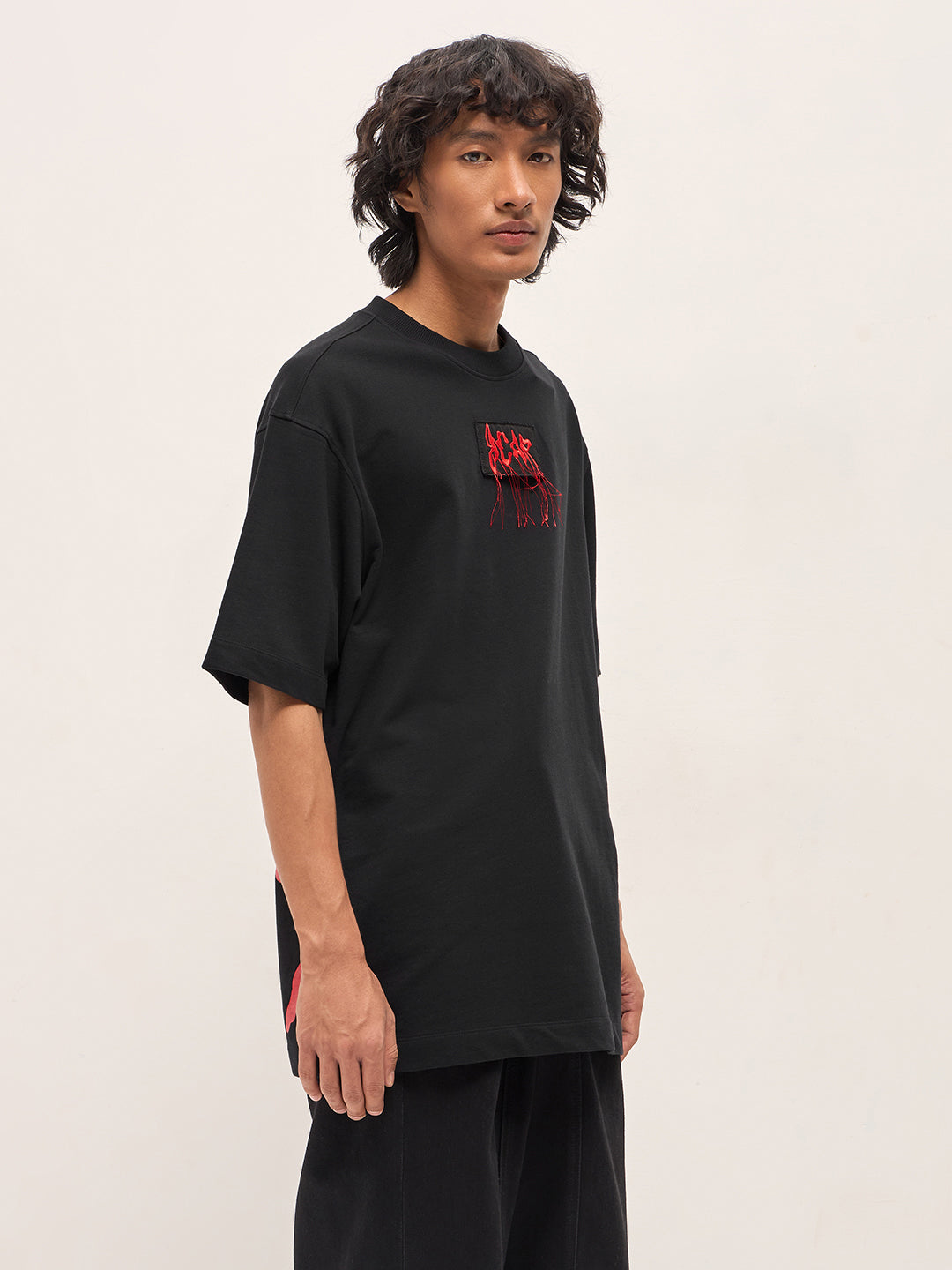 Men Solid Crew Neck Pure Cotton Oversize Tshirt TSH-LOSTIN-BK