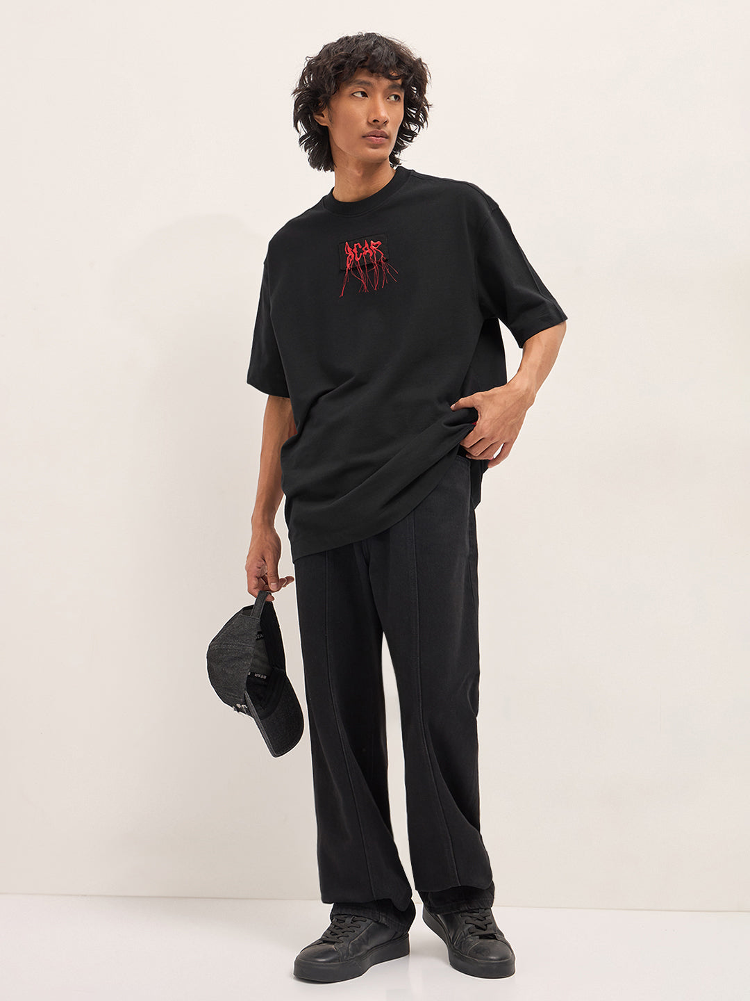 Men Solid Crew Neck Pure Cotton Oversize Tshirt TSH-LOSTIN-BK